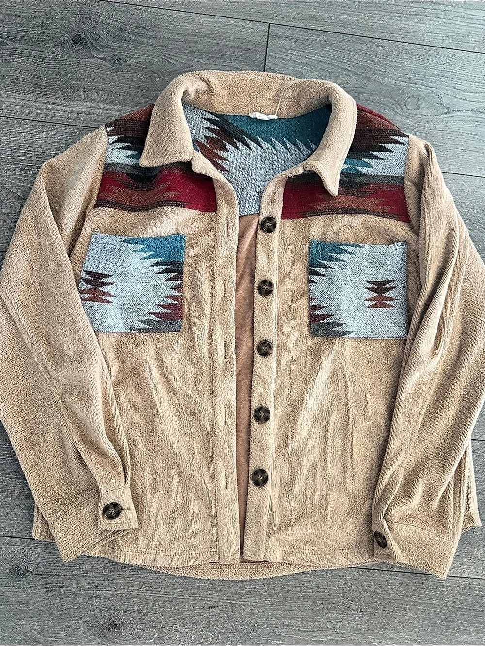 Western Button Jacket in Tan & Blue Like New